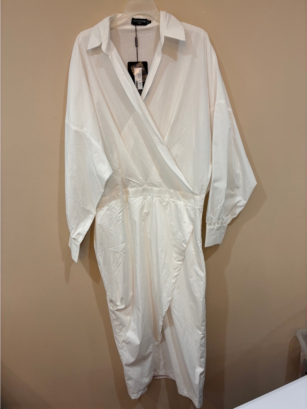 PrettyLittleThing White Collared long sleeve Shirt Dress with Front wrap slit